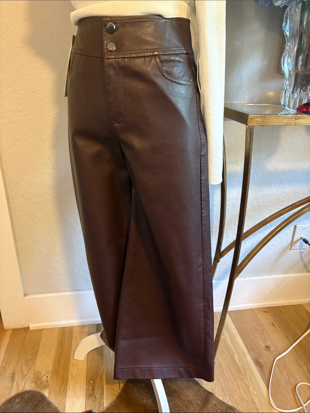 High-Rise Wide-Leg Faux Leather Pants - Brown